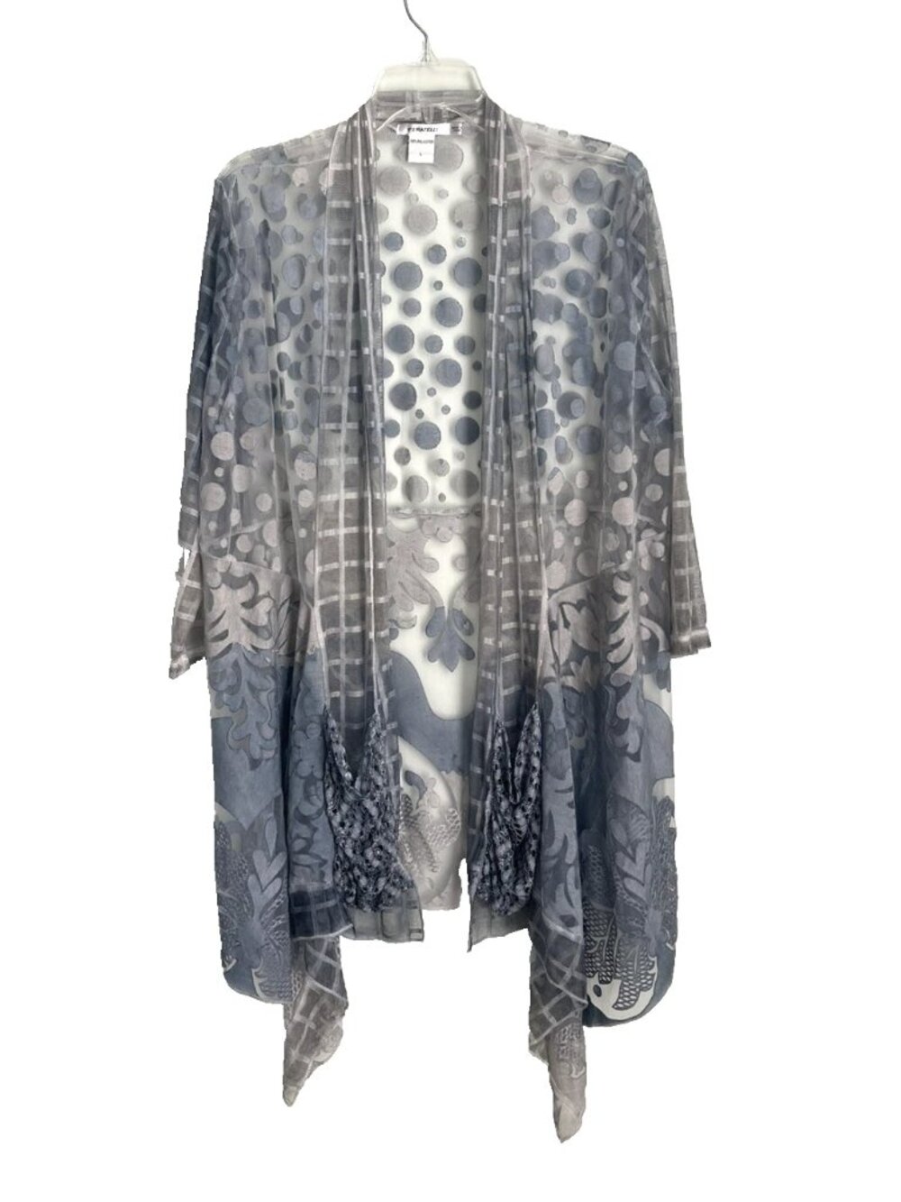 Feratelli Blue Gray Dip Dye Lace Open Front Sheer Duster Cardigan Topper